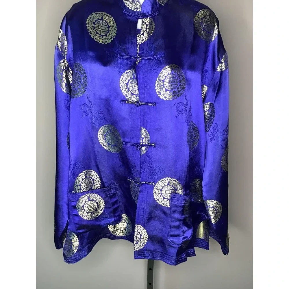Mens Chinese Traditional Royal Blue Gold Silk Satin Tang‎ Suit Jacket Size XXL
